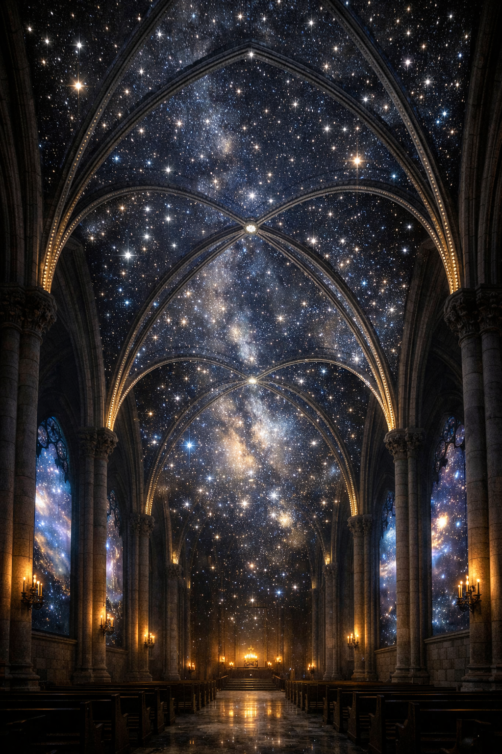 A grand, cathedral-like interior with tall, arched ceilings. Instead of typical stone or painted surfaces, the ceiling and arched windows display a vast, starry night sky filled with countless stars, including bright clusters like the Milky Way. The scene blends gothic architecture with a cosmic view, creating a surreal and majestic atmosphere. Soft, warm lighting from medieval-style wall sconces enhances the combination of ancient architecture and the ethereal, celestial ceiling.