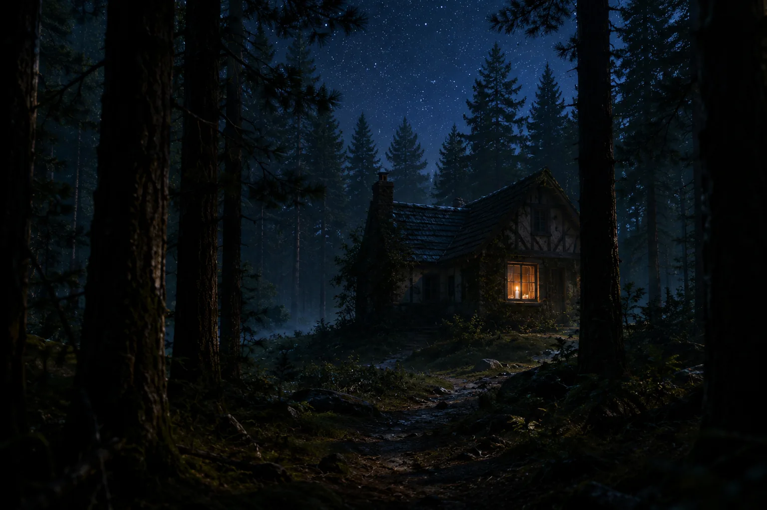 A cozy cottage in the middle of a dense forest at night. Tall pine trees surround the cottage, creating a dark, serene atmosphere. The sky above is clear, illuminated by numerous stars. Warm golden light glows from the single window of the cottage, suggesting a welcoming, lived-in feeling. A narrow dirt path leads to the cottage door, winding through moss and small plants.